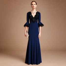 Elegant Navy Blue Long Evening Gown with Lace Sequins & Flare Sleeves - Formal Dress for Events