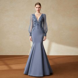 Elegant Blue Mermaid Evening Gown: Long Sleeves, Embroidery & Deep V-Neck Design