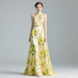 Elegant Yellow Floral Print Halter Neck Long Evening Gown