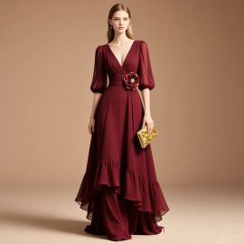 Burgundy Deep V-Neck Evening Gown | Puffed Sleeves, Floral Waist, Layered Ruffles