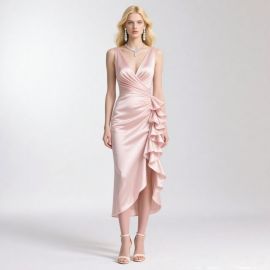 Blush Pink Satin V-Neck Ruffled Asymmetrical Midi Dress