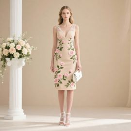 Chic Sleeveless Midi Dress with 3D Floral Embroidery - Elegant Party & Wedding Guest Attire