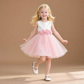 Charming Kids Pink Tulle Dress with Flower Waistband - Elegant Princess Style for Girls