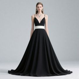 Elegant Black Spaghetti Strap Gown with White Waistband, Deep V-Neck Long Evening Dress