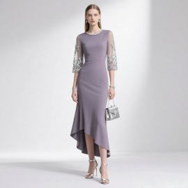 Elegant Lavender Midi Dress: Sheer Embroidered Sleeves & High-Low Hem - Perfect for Evening Occasions