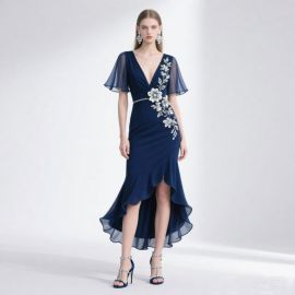 Elegant Navy Blue V-Neck High-Low Gown with Floral Embroidery & Chiffon Sleeves