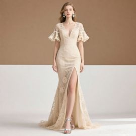 Elegant Lace Mermaid Gown: Deep V Neck, Flounce Sleeves & High Slit - Perfect for Evening/Prom