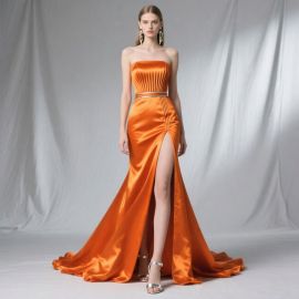 Orange Strapless Satin Mermaid Gown with High Slit & Waist Belt - Evening Dress