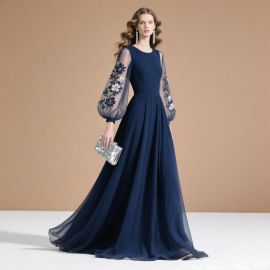 Navy Blue Long Sleeve Evening Gown with Floral Embroidered Tulle Sleeves - Elegant Formal Dress