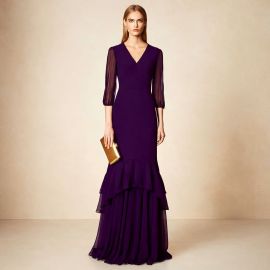 Elegant Purple V-Neck Gown with Sheer Sleeves & Tiered Skirt - Formal Evening Dress