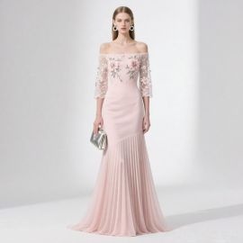 Elegant Pink Off-Shoulder Gown with Lace Floral Embroidery & Pleated Skirt - Evening Dress