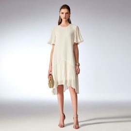 Elegant Cream Dress with Ruffled Sleeves & Asymmetrical Pleated Hem - Summer Chic