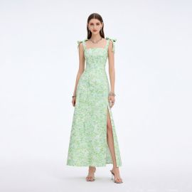 Chic Green Floral Maxi Dress: Square Neck, Bow Straps, High Slit for Summer Events