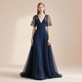 Elegant Navy Blue Embroidered Tulle Sleeve Long Evening Gown