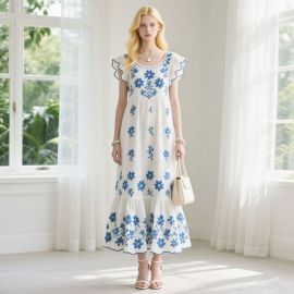 Elegant White Midi Dress with Blue Floral Embroidery & Ruffled Sleeves