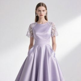 Lavender Satin Lace Short - Sleeve Ball Gown - Elegant Formal Dress