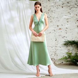 Elegant Mint Green Lace-Trimmed Midi Dress with Bow Tie Detail