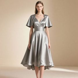 Chic Silver Satin Dress: Cape Sleeves, V-Neck & High-Low Hem for Elegant Looks
