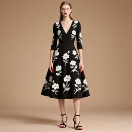 Elegant Black Midi Dress with White Floral Embroidery, V-Neck & 3/4 Sleeves