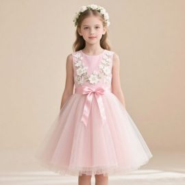 Adorable Pink Floral Embroidery Tulle Dress for Kids - Perfect for Parties & Weddings