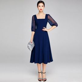 Elegant Navy Blue Midi Dress: Square Neck & Sheer Puff Sleeves A-Line Skirt