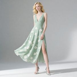 Mint Green Floral Print Sleeveless V-Neck High Slit Maxi Dress