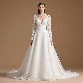Elegant Lace Long Sleeve Deep V-Neck A - Line Tulle Wedding Dress with Sweep Train