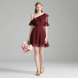 Burgundy One - Shoulder Ruffled Chiffon Short Dress for Parties & Weddings