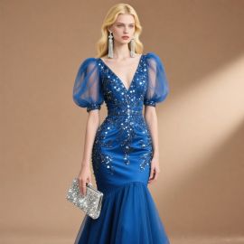 Elegant Royal Blue Sequined Mermaid Evening Gown with Puff Sleeves