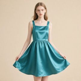 Teal Satin Square Neck Sleeveless A-Line Dress | Elegant Shiny Summer Fashion