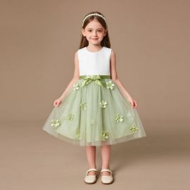 Cute Girls' Sleeveless White & Green Floral Tulle Dress for Parties & Everyday