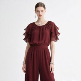 Elegant Burgundy Jumpsuit with Ruffled Sleeves & Cinched Waist - Chic Women's Fashion