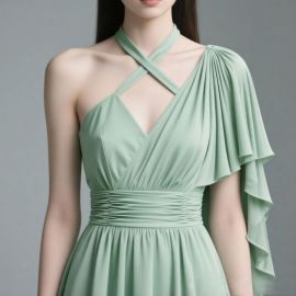 Sage Green Asymmetric Cross - Strap Chiffon Maxi Dress with Ruffled Sleeve and Cinched Waist