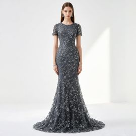 Gray Mermaid Evening Gown with Floral Embroidery & Sequins - Short Sleeve Formal Dress