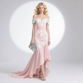 Elegant Off - Shoulder Pink Lace Mermaid Evening Dress with High Low Hem