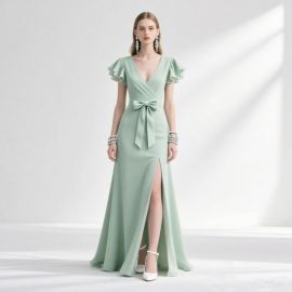 Sage Green Long Formal Dress: Ruffle Sleeves, Bow Waist & High Slit - Elegant Evening Gown