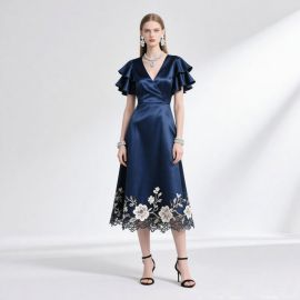 Navy Blue Satin Midi Dress: Ruffled Sleeves & Embroidered Lace Hem - Elegant Party Evening Wear
