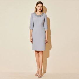 Elegant Light Gray Dress with Embellished Neckline & Sleeves - Office/Formal Wear
