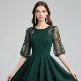 Emerald Green A - Line Dress with Embroidered Tulle Sleeves - Elegant Evening Party Gown