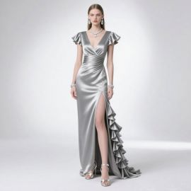Elegant Silver Satin Evening Gown: V-Neck, Ruffled Sleeves, High Slit & Ruffle Train