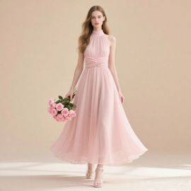Elegant Pink Sleeveless High - Neck Flowy Long Dress for Weddings & Parties