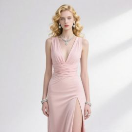 Elegant Pink Deep V-Neck Long Dress with High Slit - Stylish Evening Gown