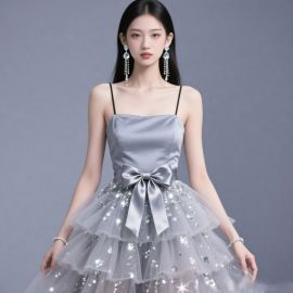 Elegant Silver Satin Strapless Prom Dress with Sequined Tulle Skirt & Big Bow