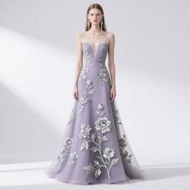 Lavender Purple Floral Embroidered Deep V-Neck A-Line Evening Gown