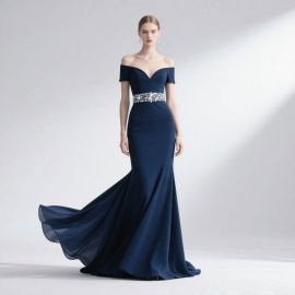 Elegant Navy Blue Off - Shoulder Mermaid Gown with Beaded Waistband | Formal Evening Dress