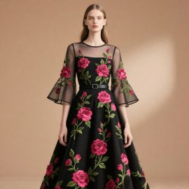 Elegant Black Dress with Rose Embroidery & Mesh Sleeves - Chic Evening Gown