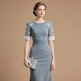 Elegant Gray Formal Gown with Floral Embroidery & Lace Sleeves