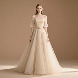 Elegant Off - Shoulder Tulle Gown with Puff Sleeves & Belted Waist