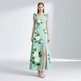 Mint Green Floral Embroidered Maxi Dress with Bow Straps & High Slit