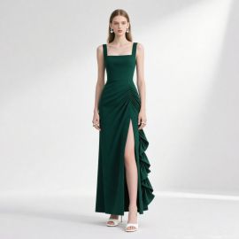 Emerald Green Square Neck Sleeveless Ruched High Slit Evening Dress